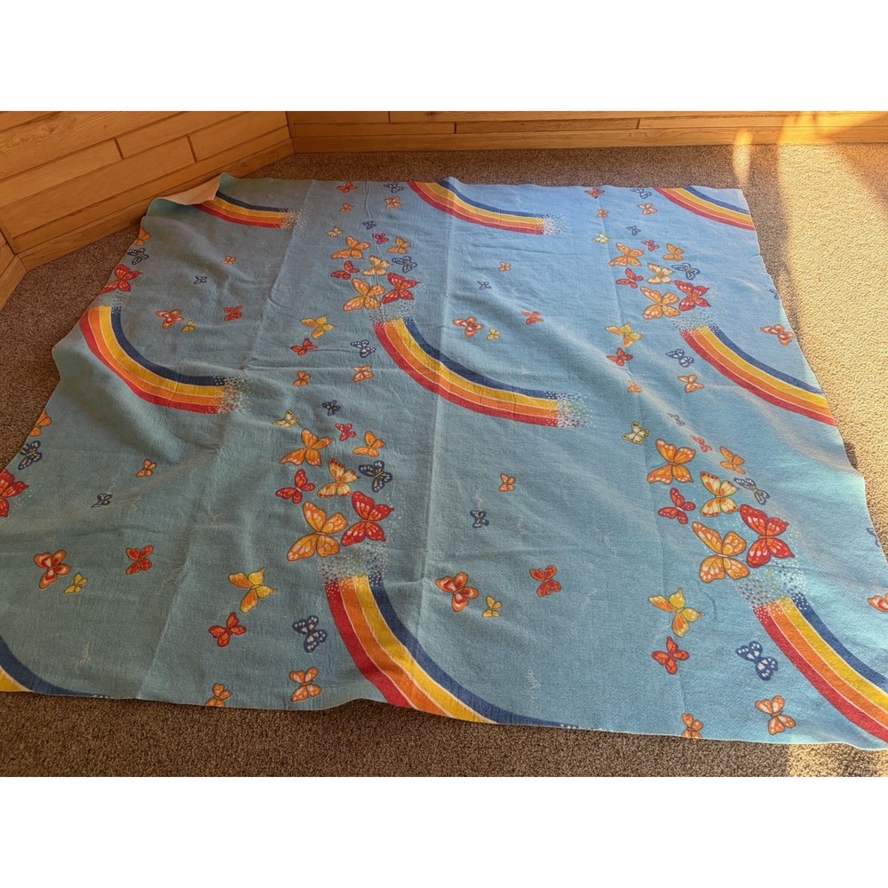 Vintage Jungle Portraits Blanket Blue W/Butterflies & Rainbow